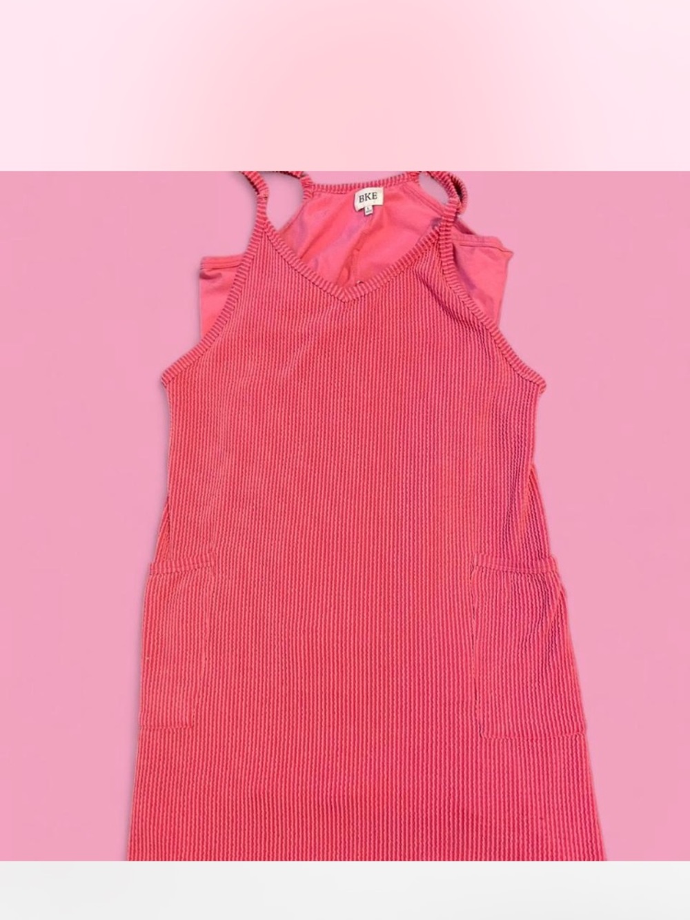 BKE Hot Pink Ribbed Tank Dress with V-Neck